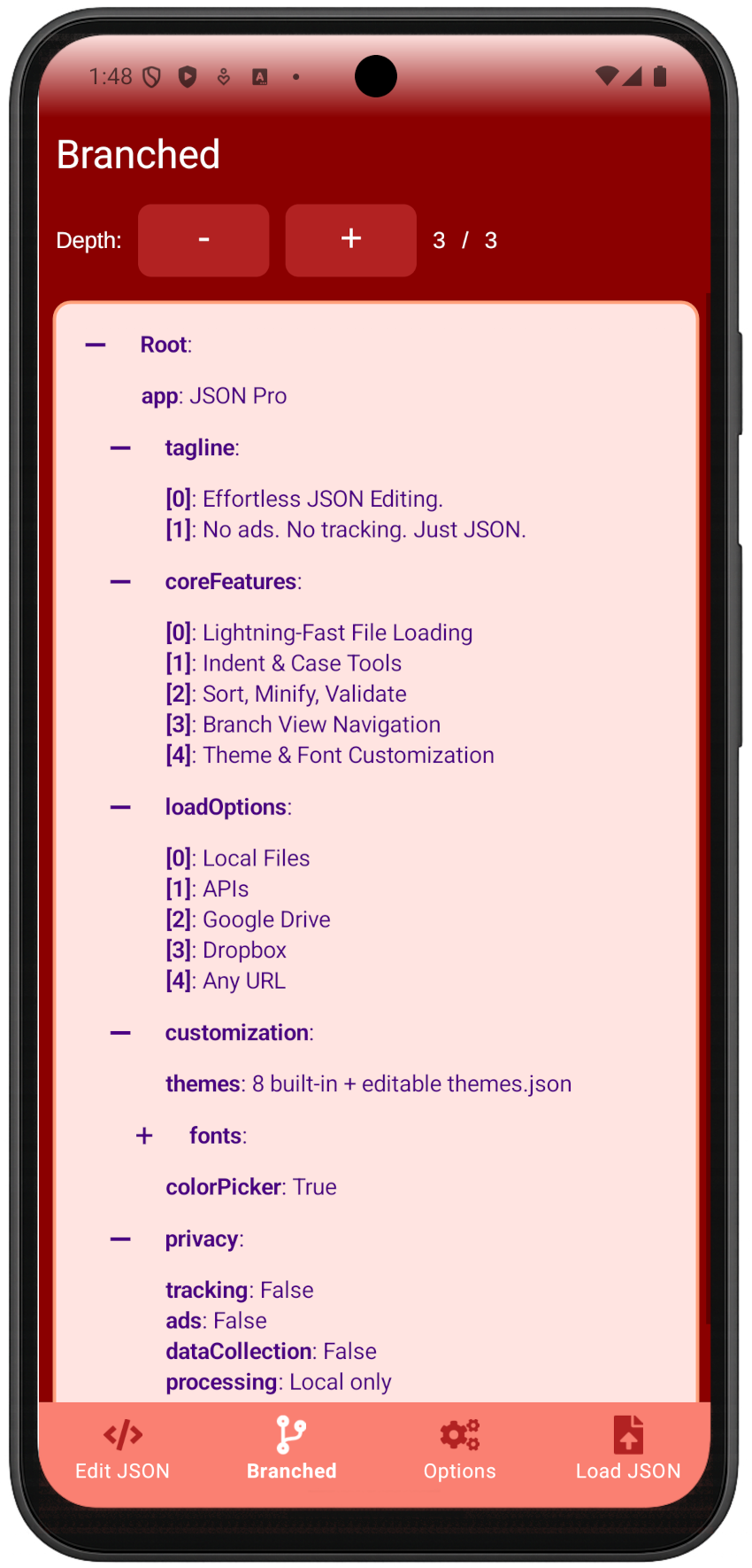 Branch View in JSON Pro - visualize and navigate nested JSON structures with expandable nodes