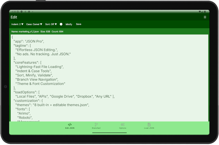 JSON Pro editor screenshot - fast, themeable JSON editing for Android with privacy-first design
