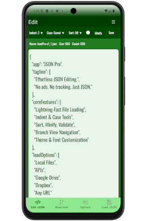 JSON Pro editor interface - sort keys, format case, and customize indentation
