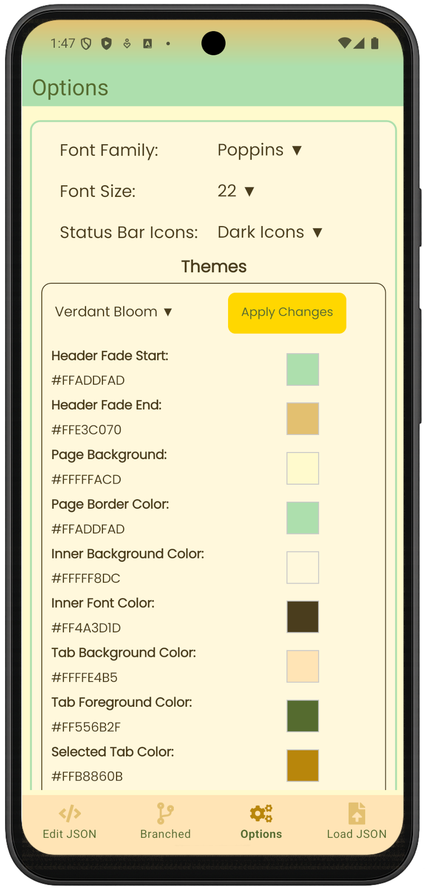 Customize JSON Pro - font settings, theme picker, and color controls for Android JSON editing
